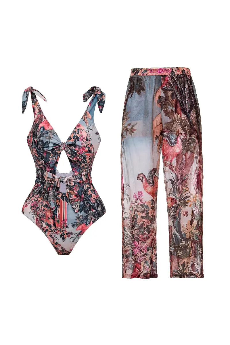 Vintage Bow Tie Print Swimsuit Set