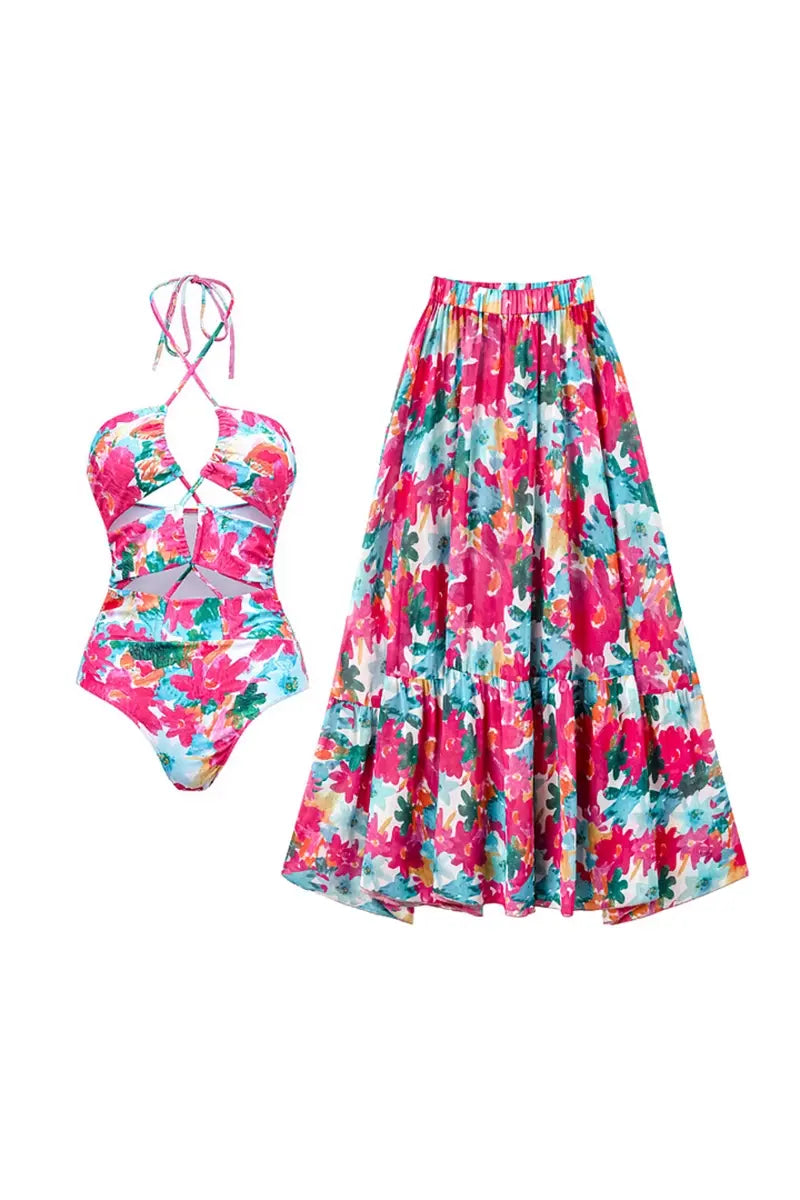 Print Cutout One Piece Swimsuit Set