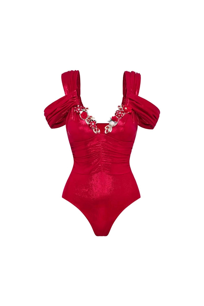 Red Glossy One-Piece with 3D Butterfly