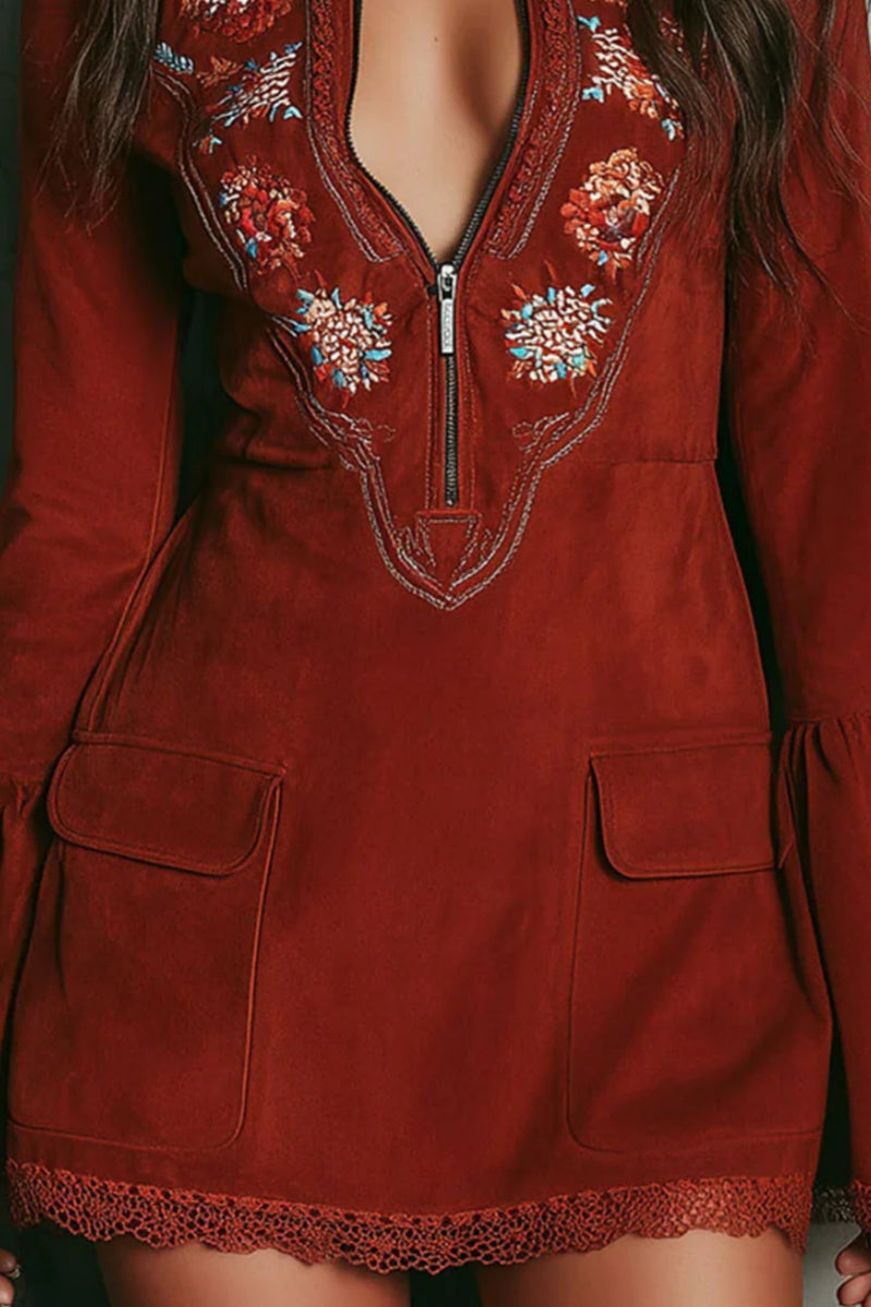 Vintage Rust Red Bell Sleeve Embroidered Faux Suede Lace Mini Dress