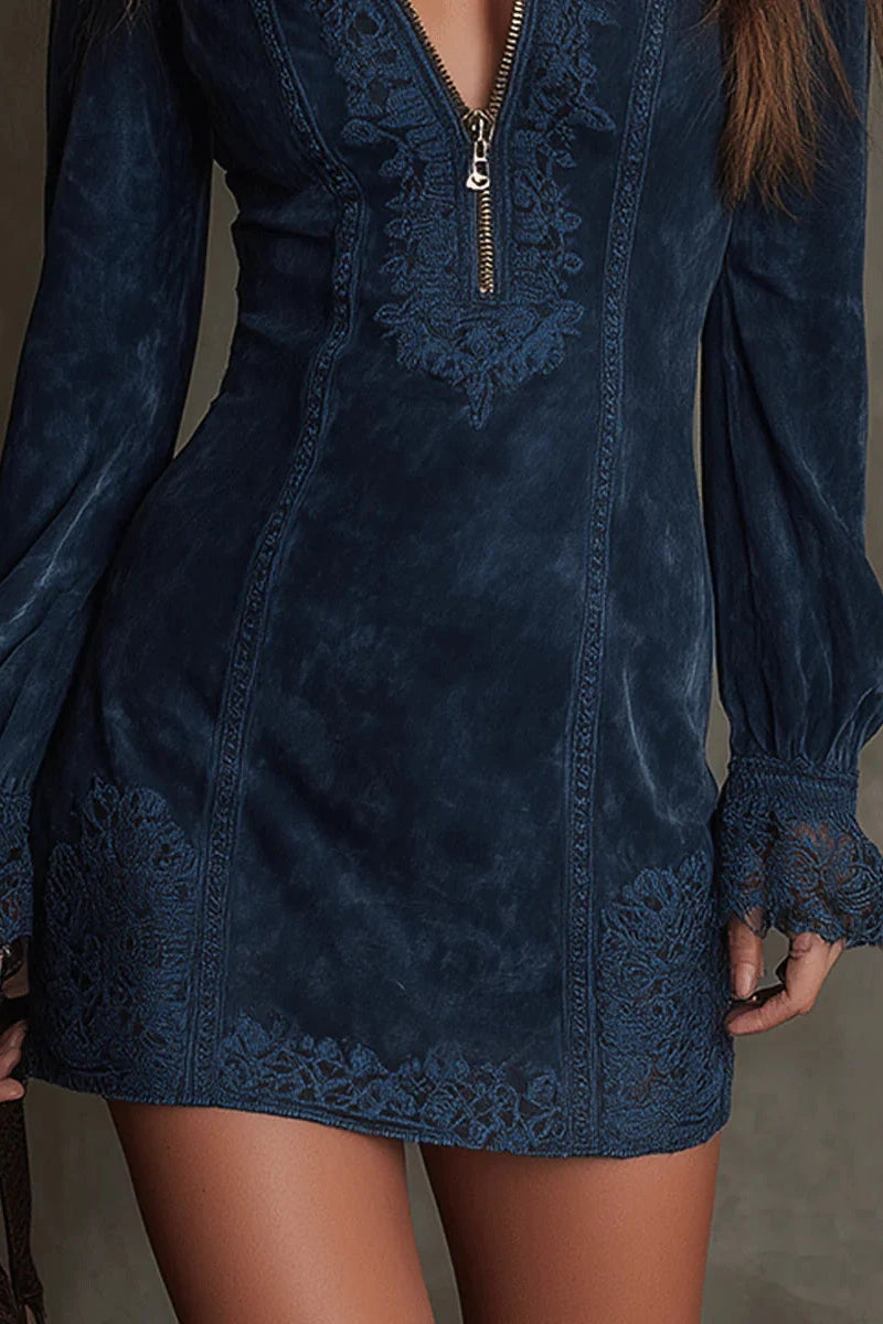 Vintage Blue Suede Lace Trim Mini Dress