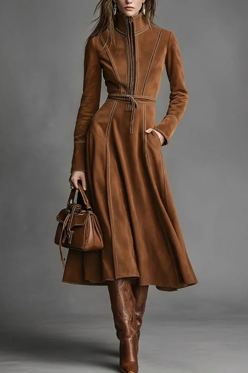Brown Faux Suede Front Zipper Belted Elegant Maxi Dress