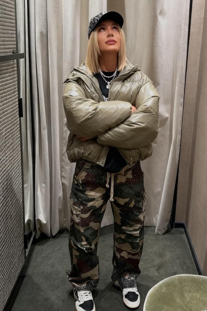 Camo Rhinestone Drawstring Cargo Pants