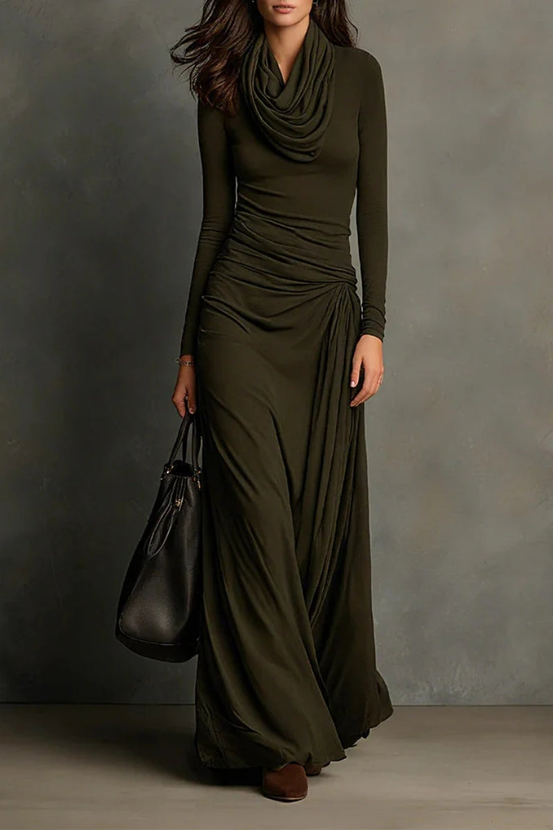 Olive Green Turtleneck Pleated Maxi Dress