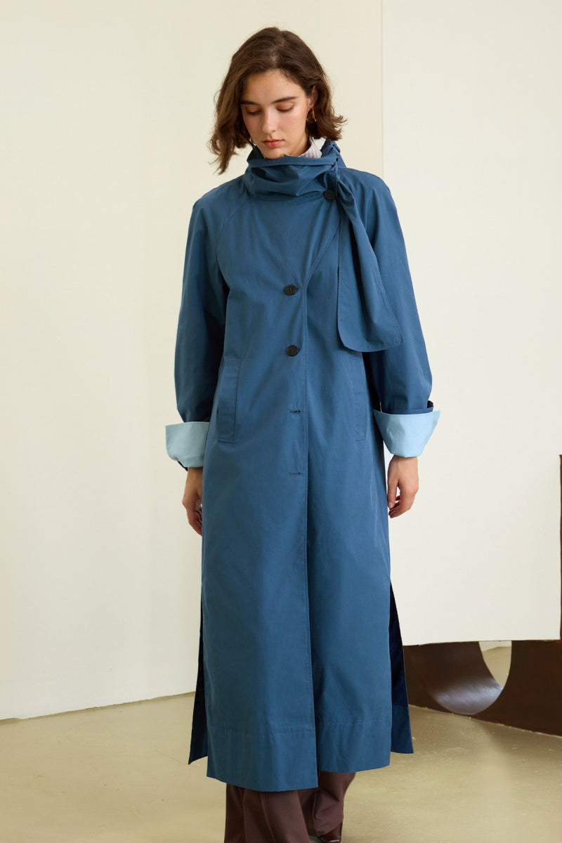Scarf-Collar Cotton Trench Coat