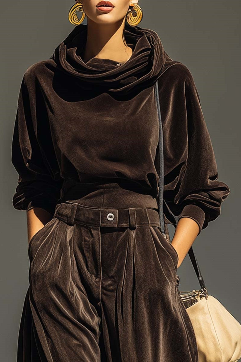 Vintage Brown Velvet Hoodie And Loose-Fitting Trousers Set（Includes Belt）