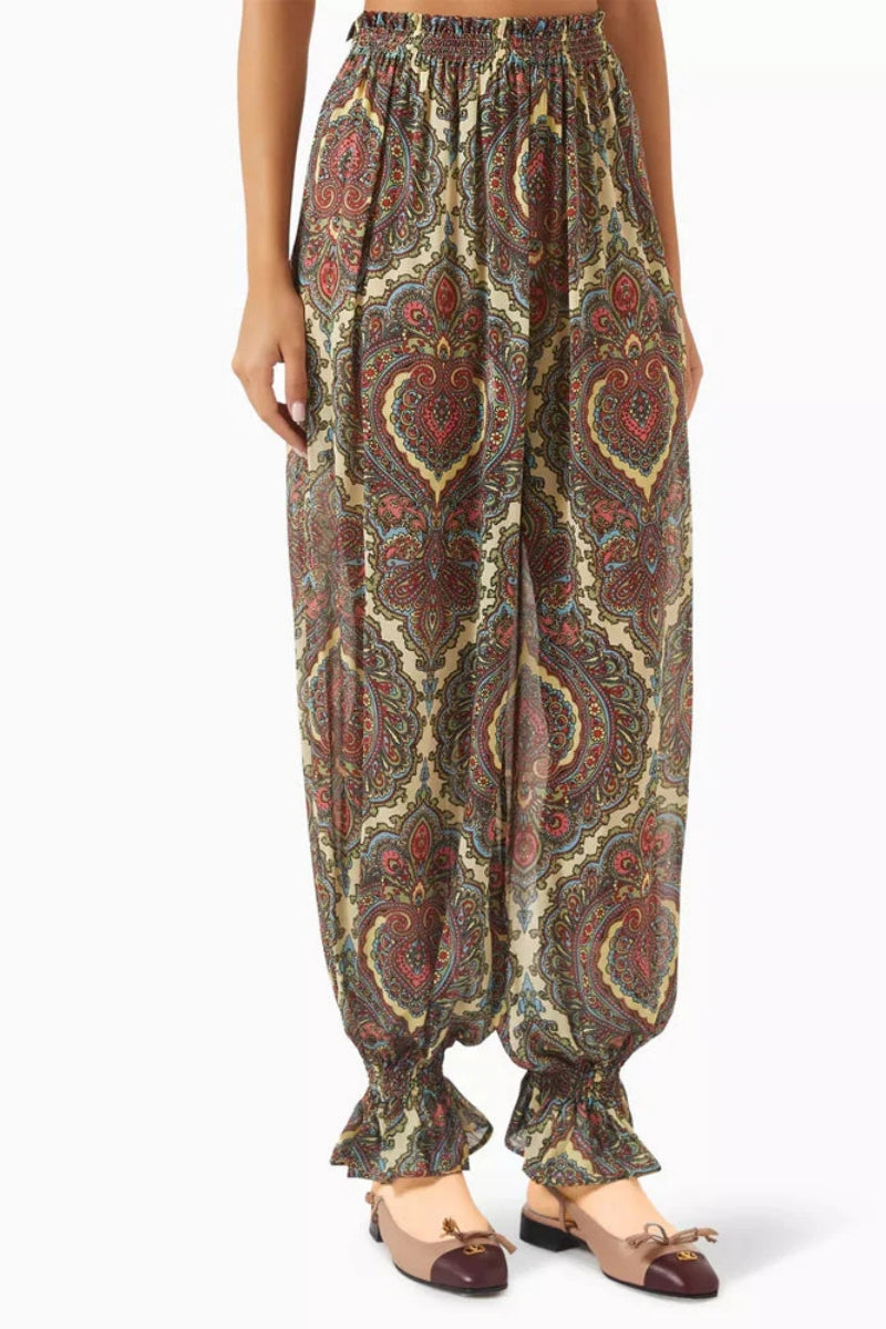 Paisley Print Relaxed Scarf Blouse & Elastic Hem Pants Set