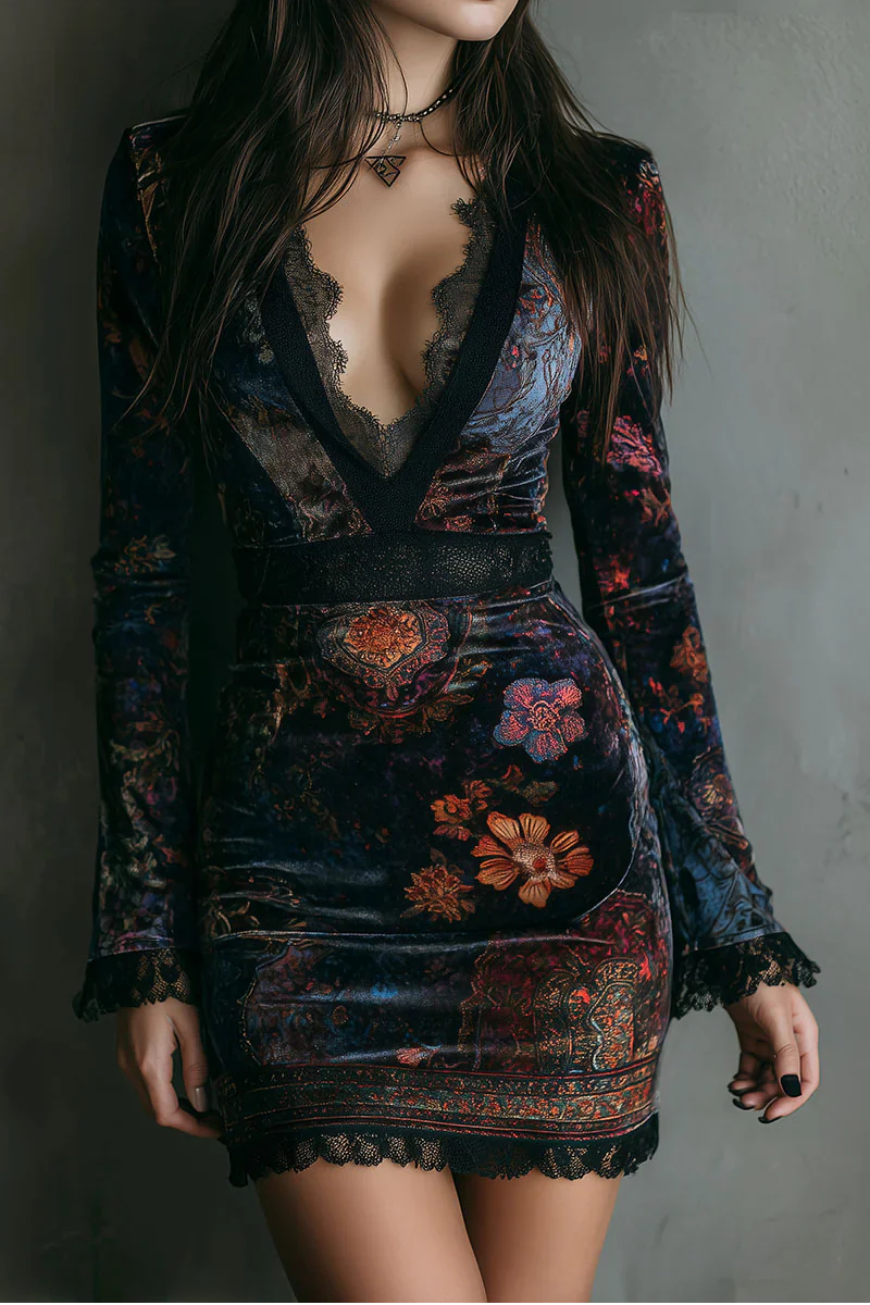 Floral Print V-neck Velvet Lace Trim Slim-fit Mini Dress