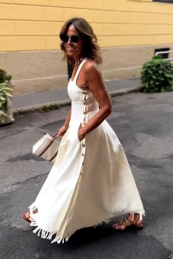 Boho Fringed White Maxi Dress with Pockets