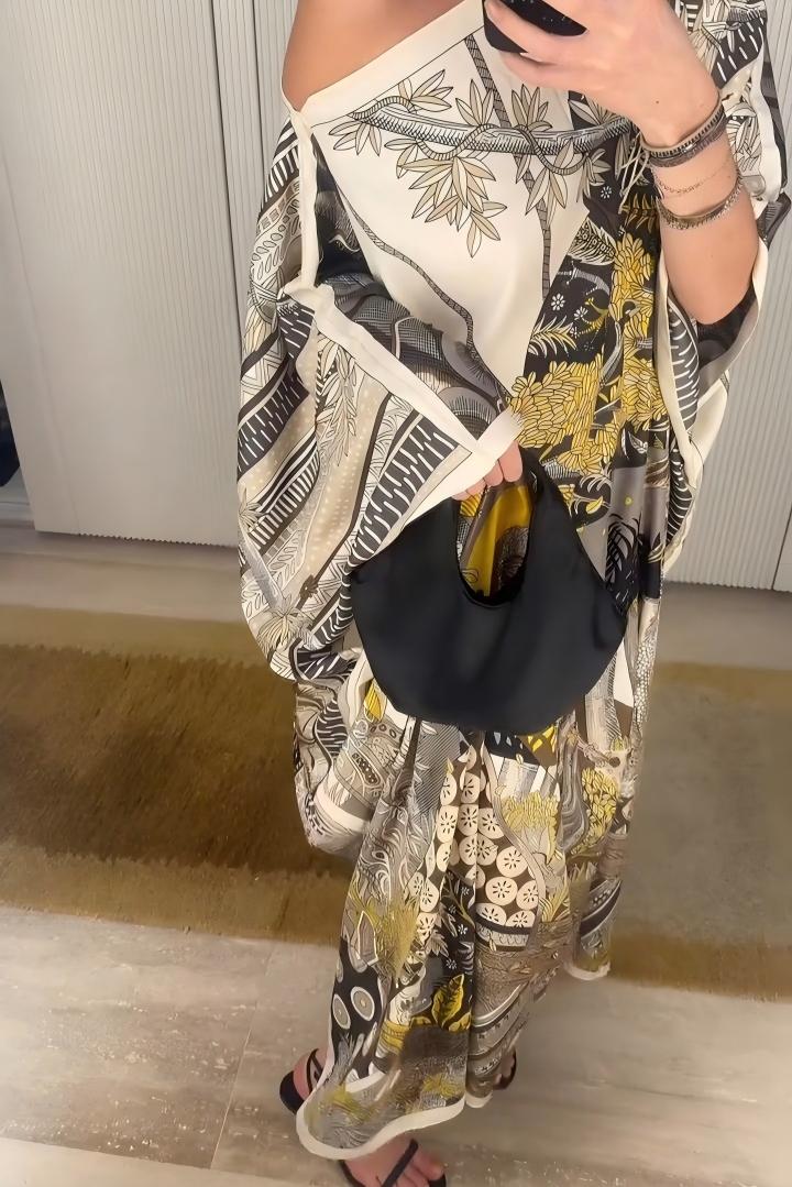 One-Shoulder Shawl Wrap Vintage Print Maxi Dress