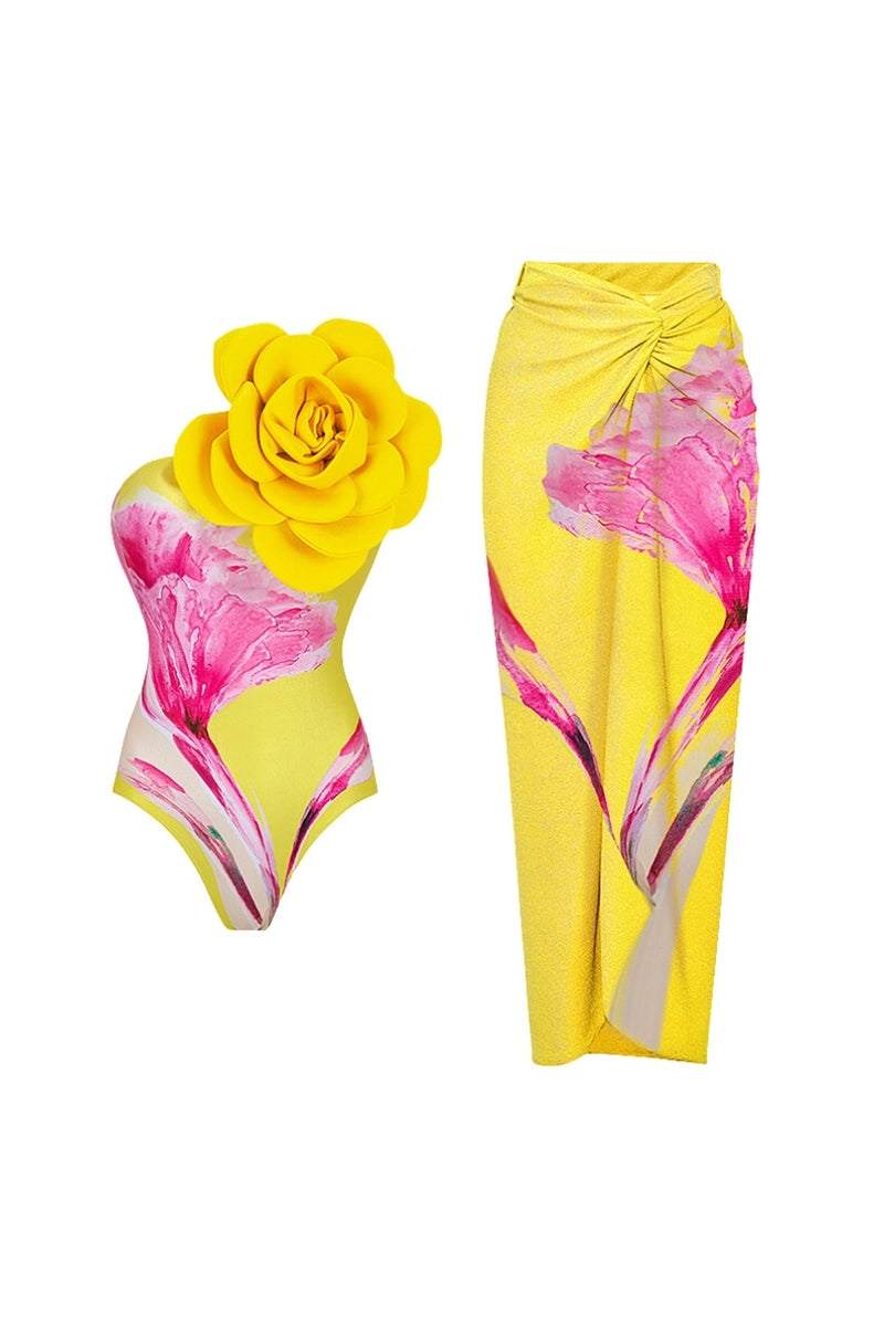 Floral Print Swimsuit with 3D Flower Detail