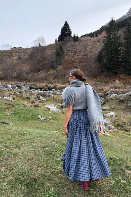 Navy Plaid High-Waist A-Line Skirt