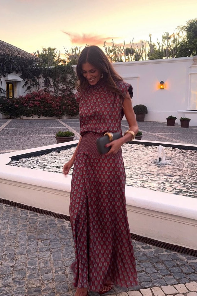 Retro Print Scarf Neck Top & Flowing Maxi Skirt Two-Piece Set