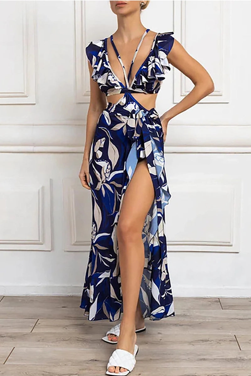 Off-Shoulder Tie-String Printed Cutout Monokini
