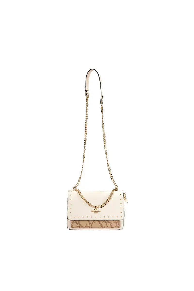 Studded Letter Print Chain Top Handle Bag
