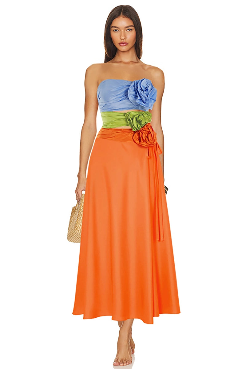 Spaghetti Strap Floral Cutout Colorblock Set