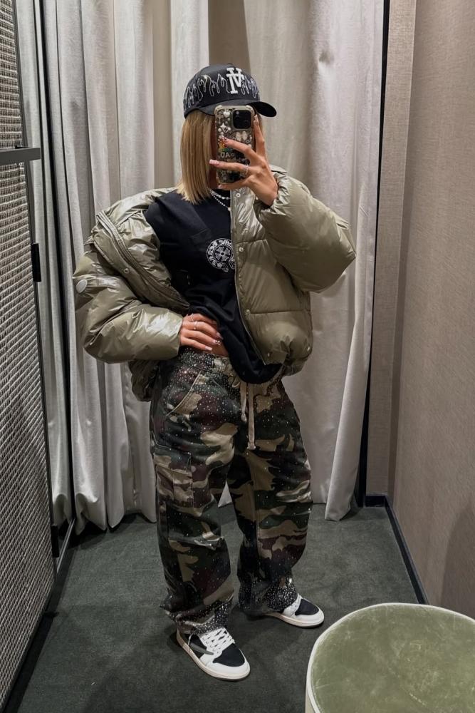 Camo Rhinestone Drawstring Cargo Pants
