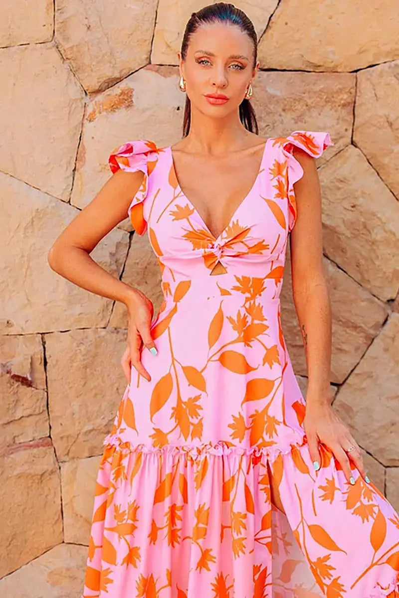 Maillot de bain imprimé avec bordure à volants pour vacances à la plage