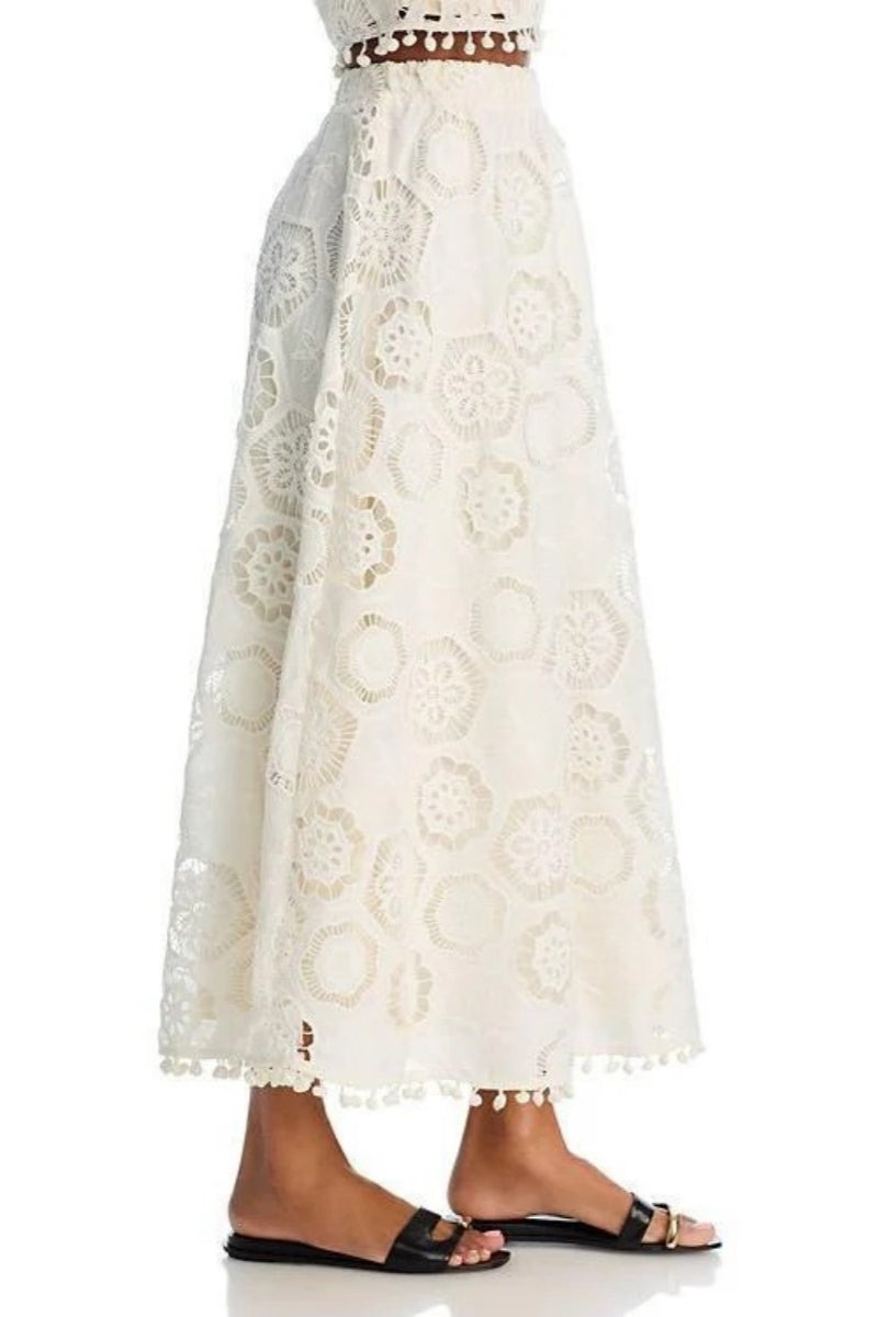 Set top din dantelă brodată Mignon și fustă maxi