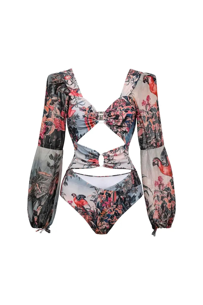 Vintage Print Cutout Swimsuit with Long Sleeves