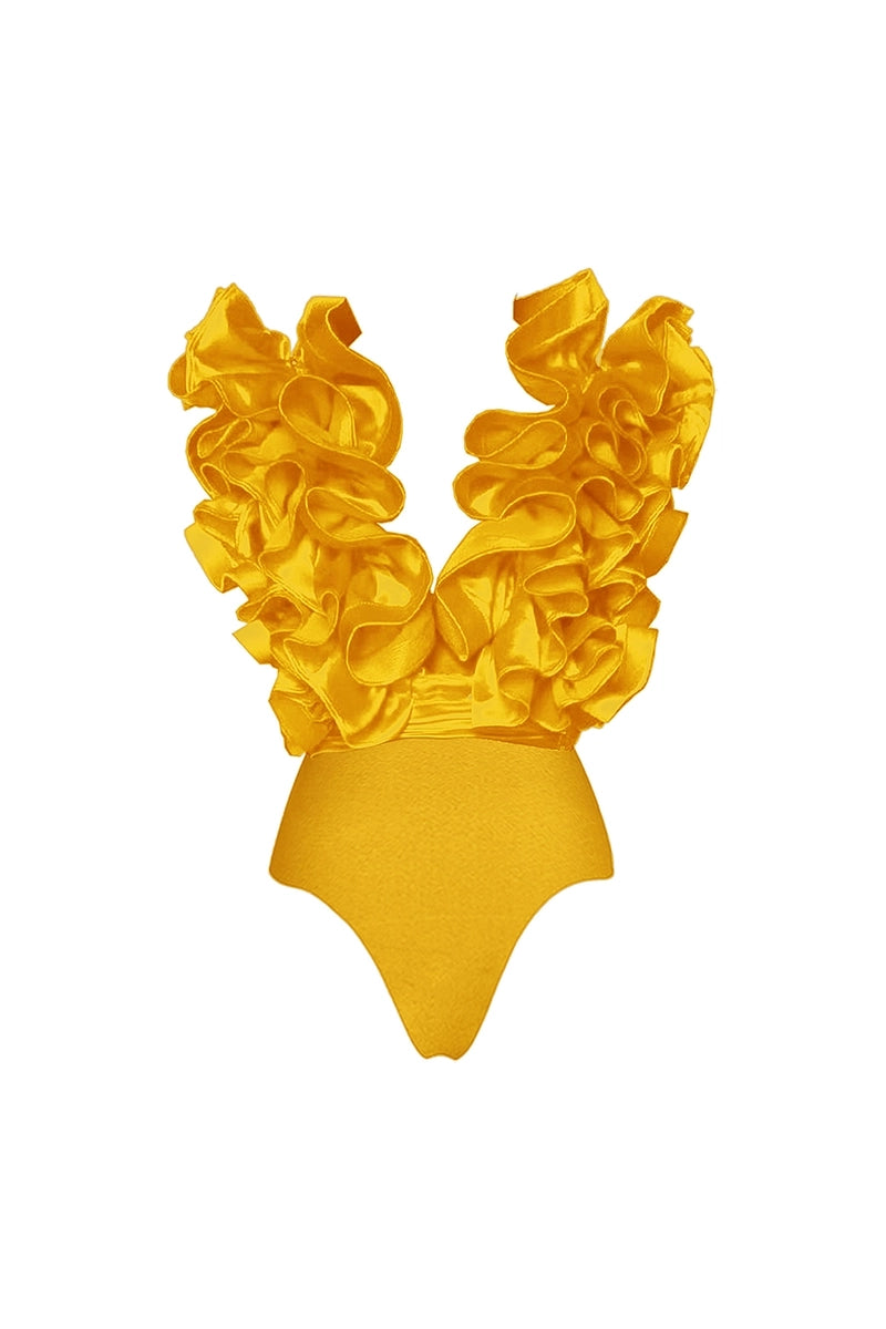 Ruffled V-Neck Yellow Swimsuit