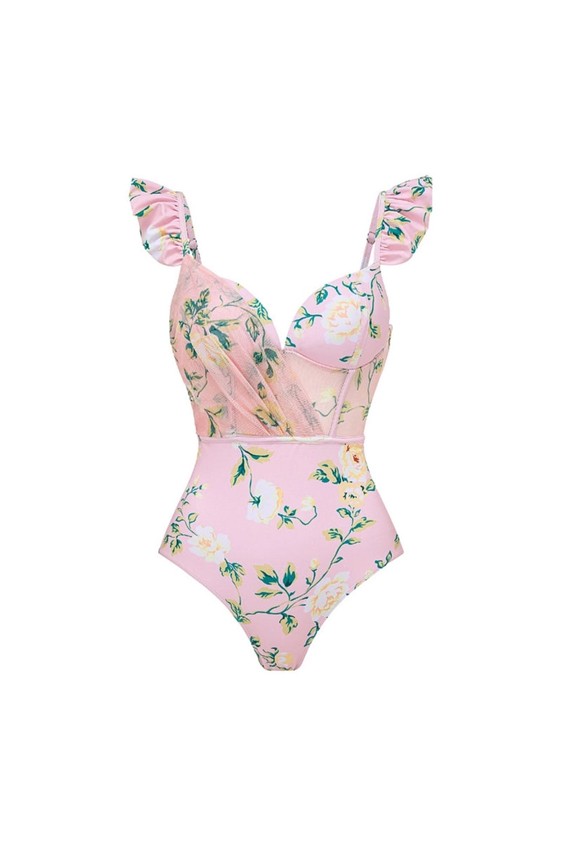 Pink Floral One-Piece with 3D Crystal Flowers