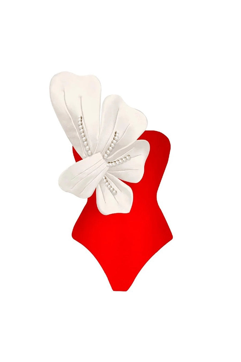 Orange Swimsuit Set Pearl Flower Detail