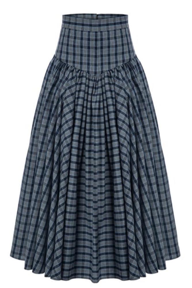 Navy Plaid High-Waist A-Line Skirt