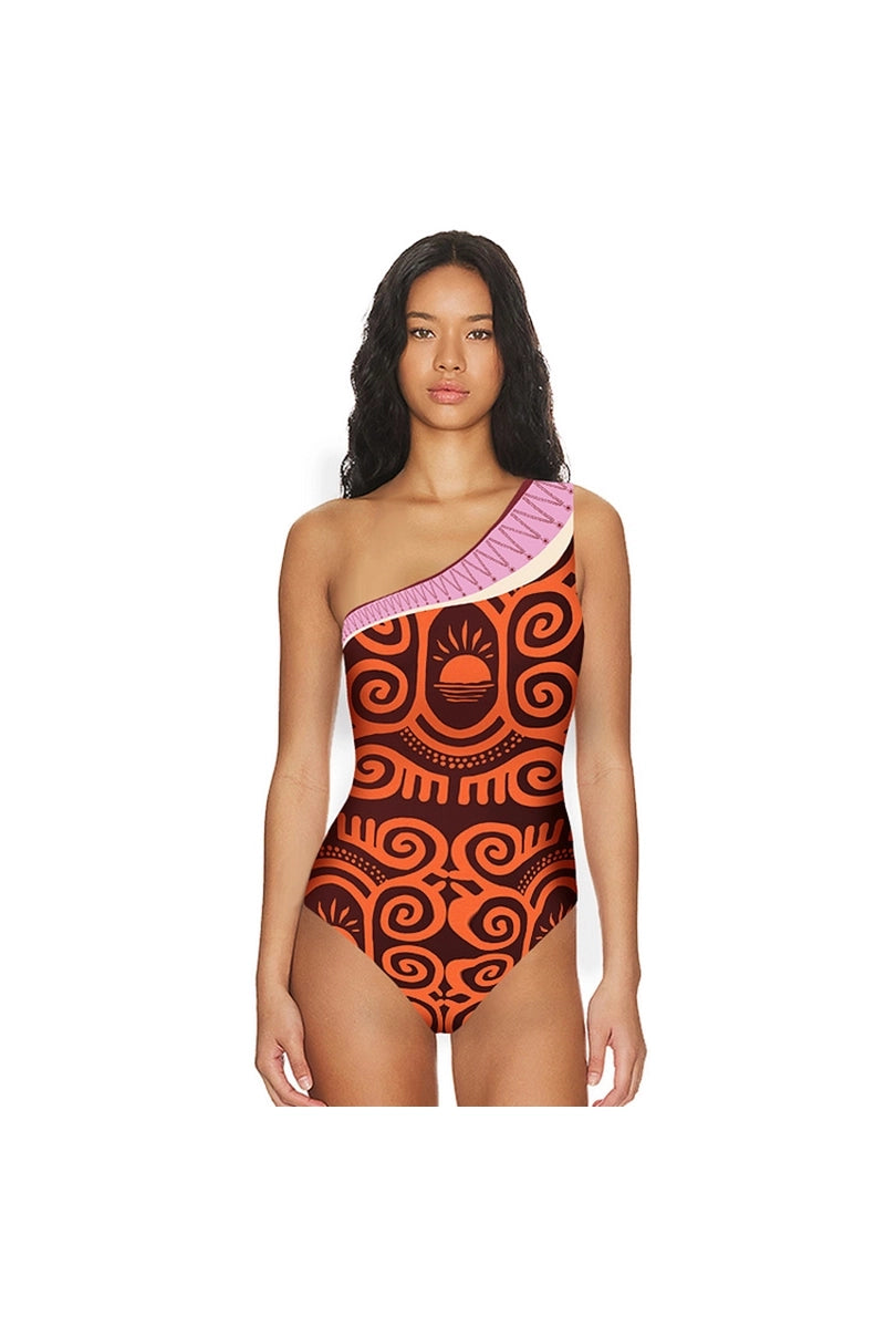 One Shoulder Ethnic Print Swimsuit