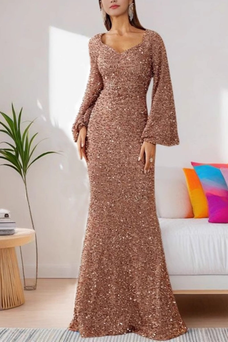 Sparkling Flare Sleeve Evening Gown