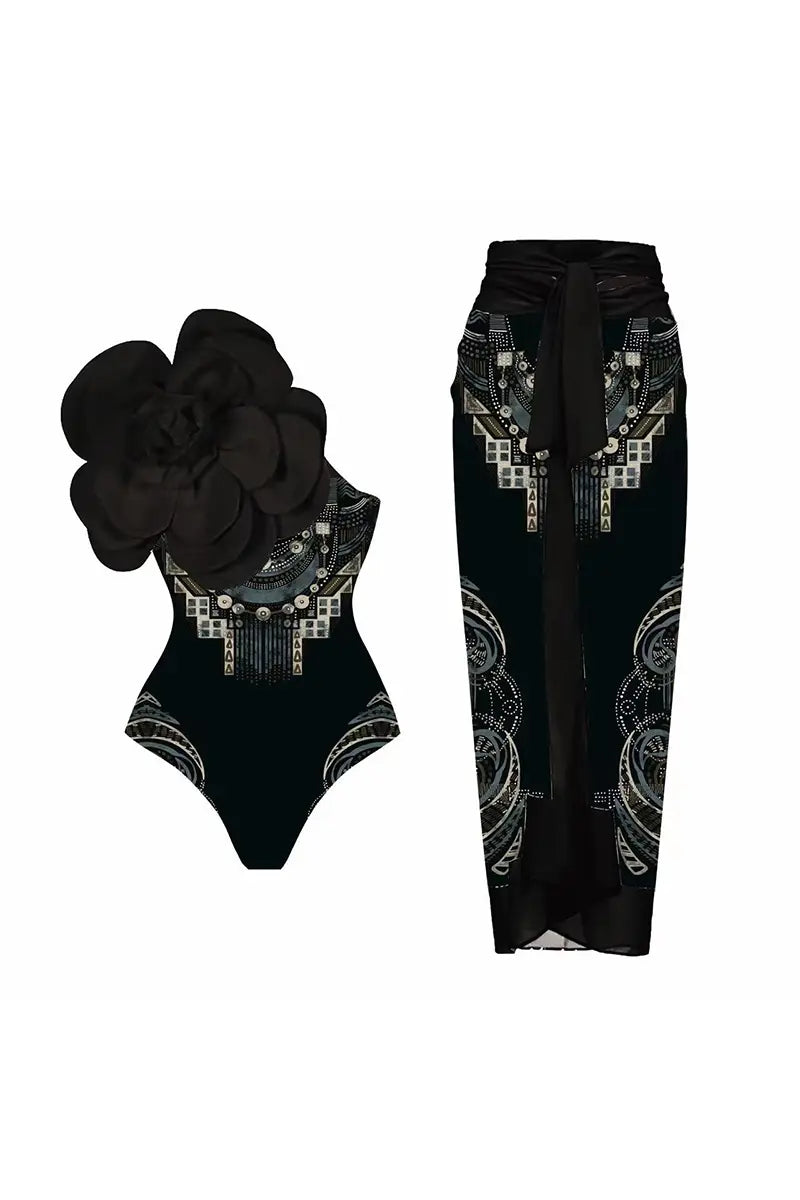 Costum de baie imprimat cu decor floral negru 3D