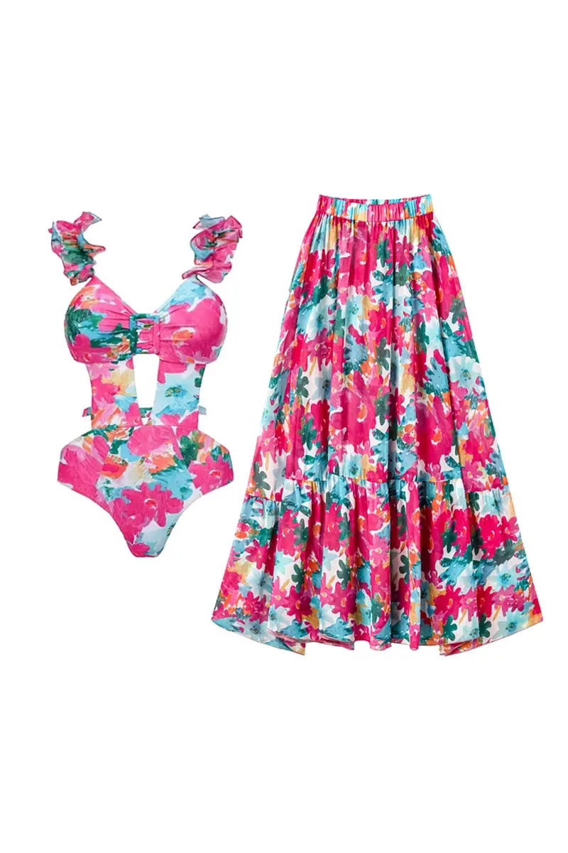 Print Cutout One Piece Swimsuit Set
