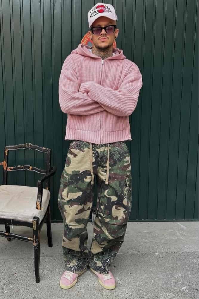 Camo Rhinestone Drawstring Cargo Pants