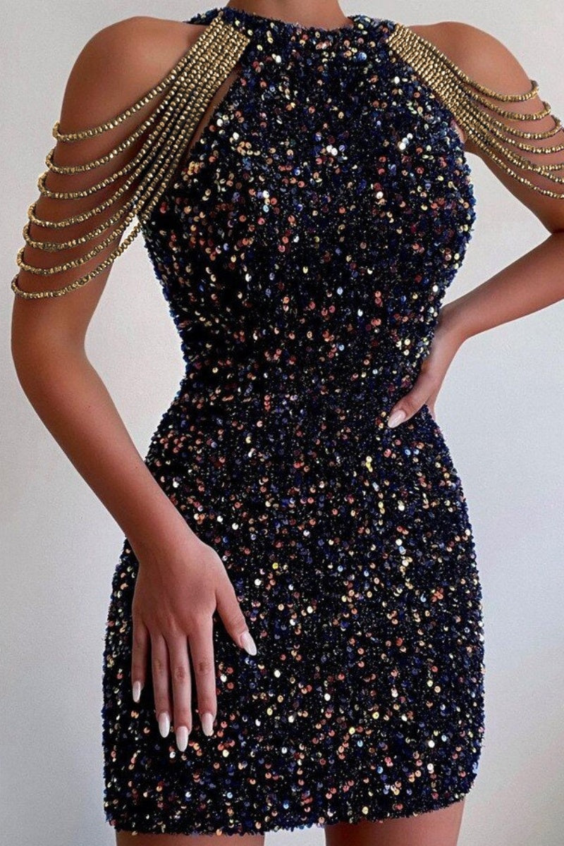 Crystal Chain Halter Sequin Gown