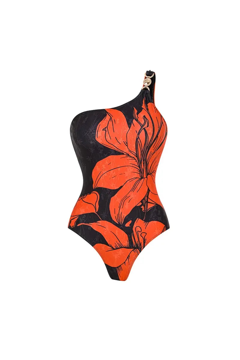 One Shoulder Printed One Piece Swimsuit Set