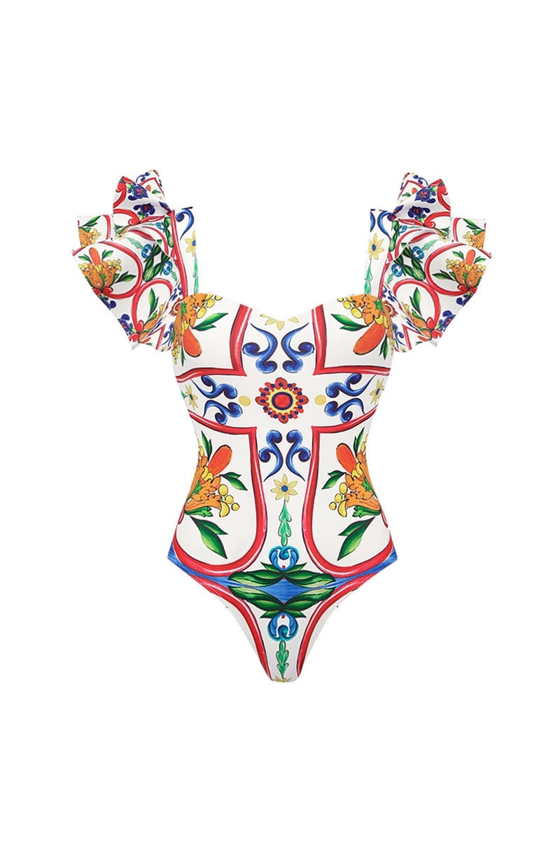 Ruffle Enamel Floral Print Swimsuit Set