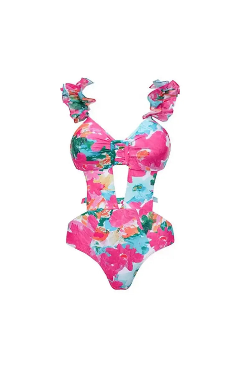 Print Cutout One Piece Swimsuit Set
