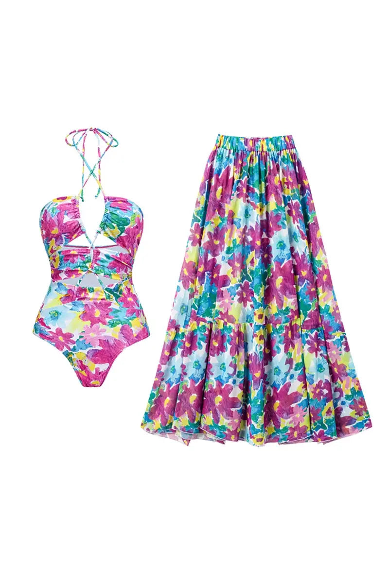 One Piece Print Cutout Swimsuit Set