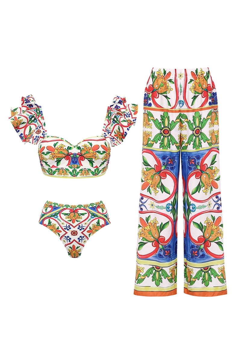 Ruffle Enamel Floral Bikini Swimsuit Set