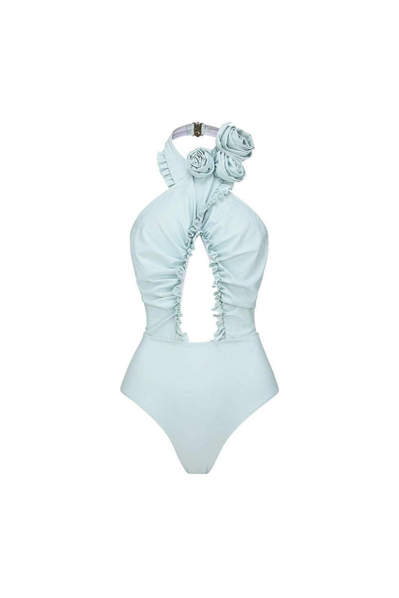 Halter Backless Swimsuit with 3D Floral Set
