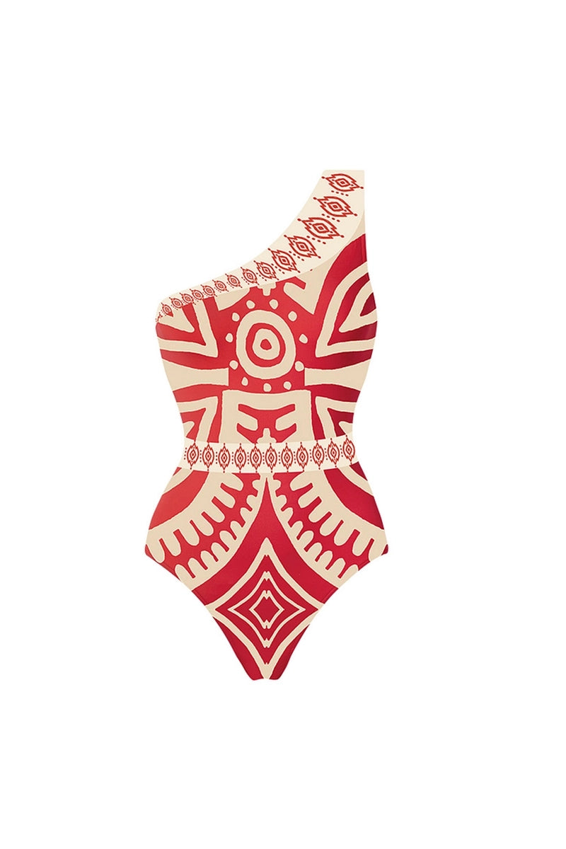 One Shoulder Ethnic Print One Piece Swimsuit