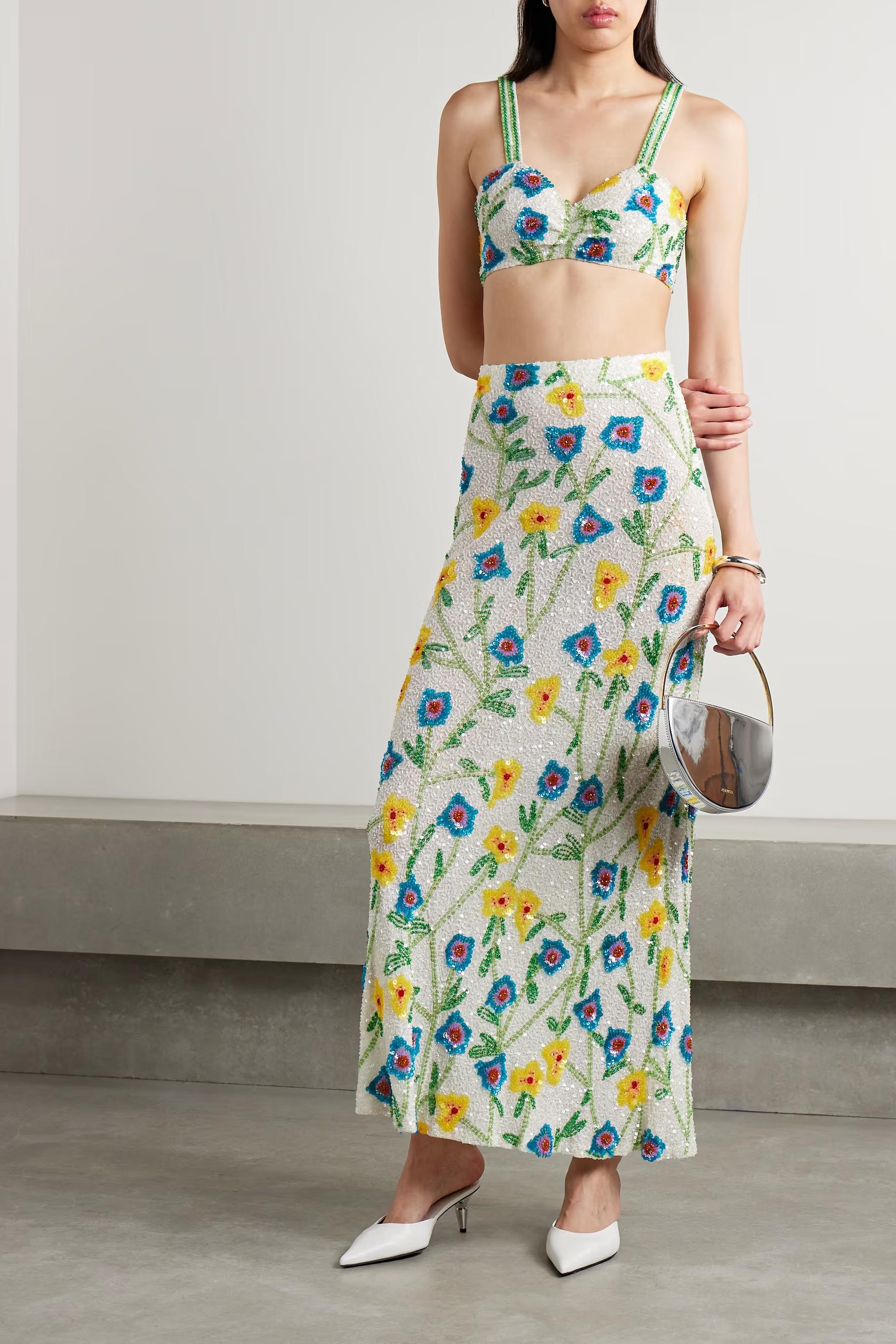Embroidered Flower Sequin Maxi Skirt