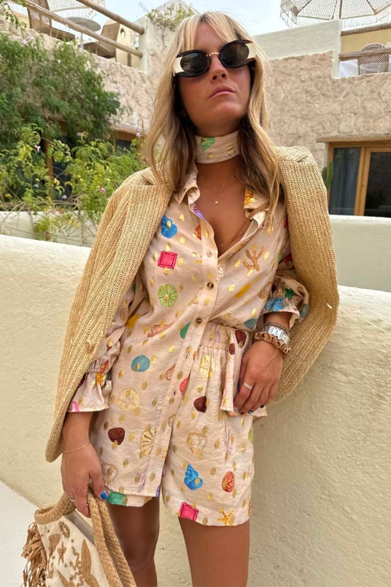 Stylish Linen Gold-Print Shorts Set