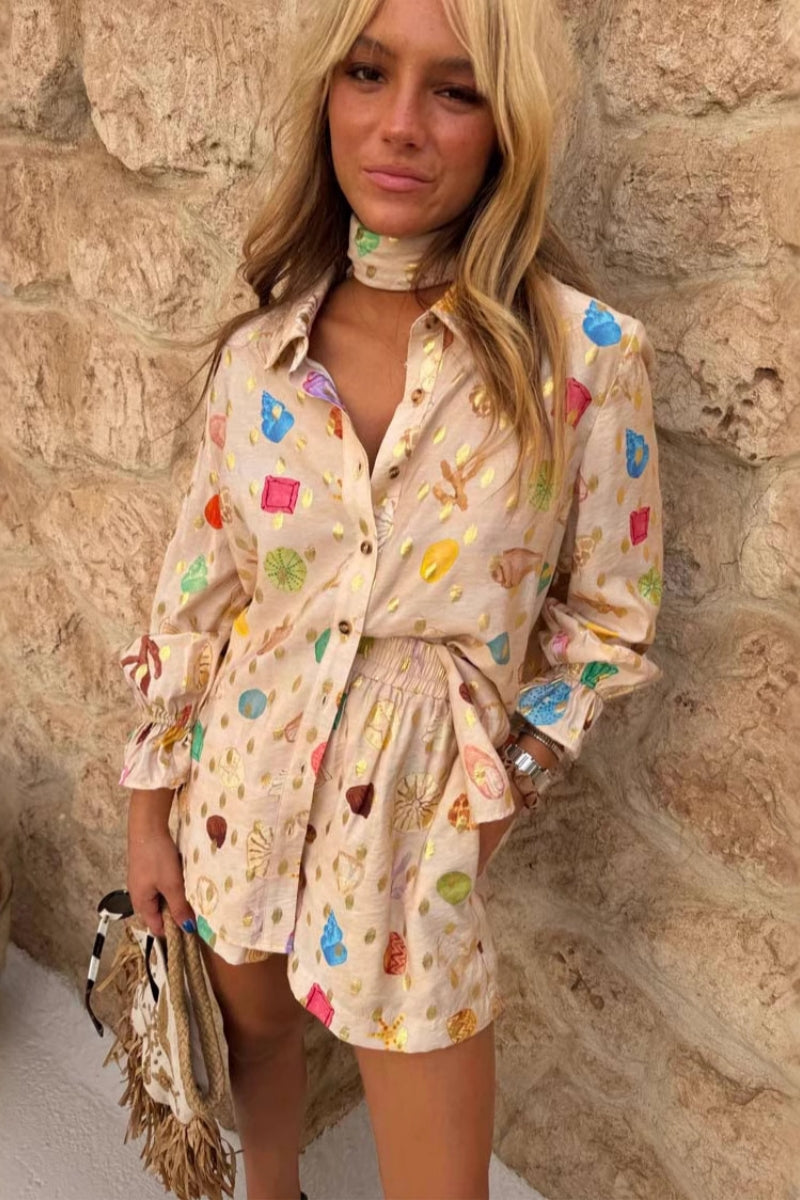 Stylish Linen Gold-Print Shorts Set