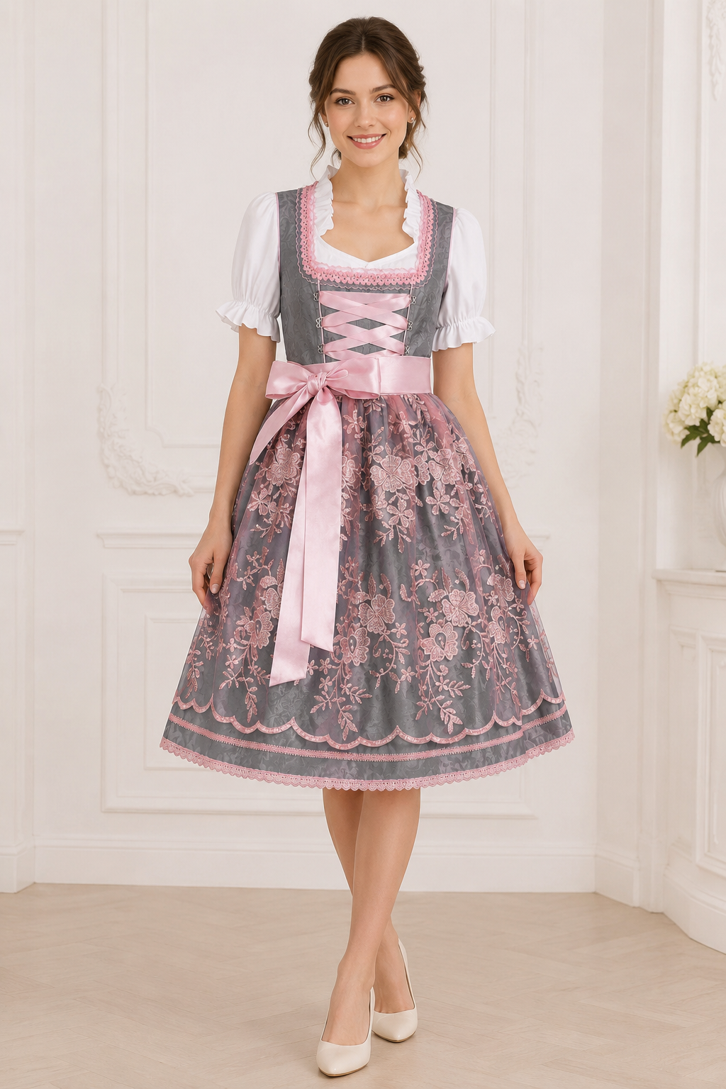 Midi šaty dirndl s květinovou výšivkou