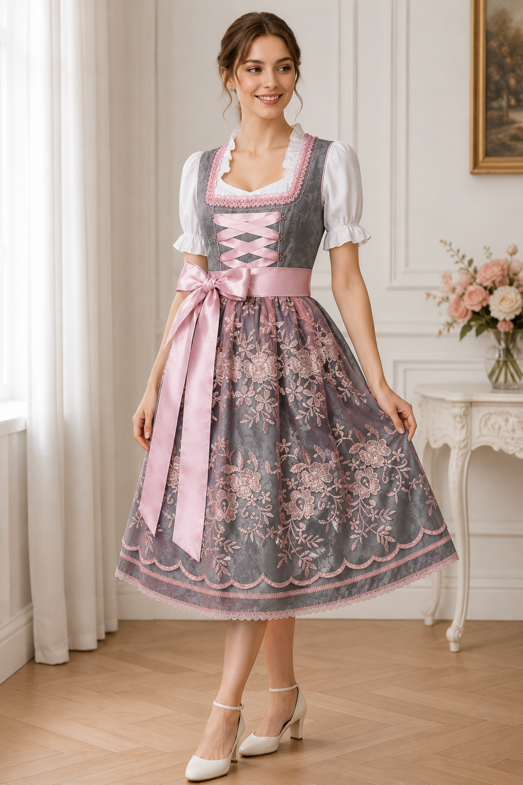 Midi šaty dirndl s květinovou výšivkou
