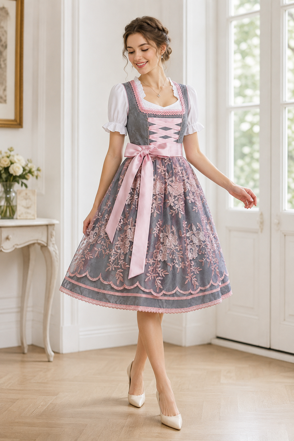 Midi šaty dirndl s květinovou výšivkou