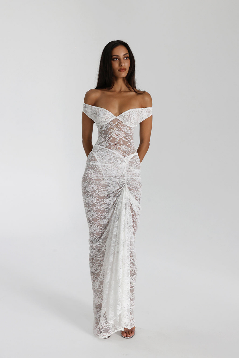 Christelle Off Shoulder Lace Skirt Set In White