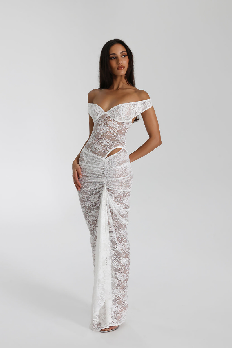 Christelle Off Shoulder Lace Skirt Set In White