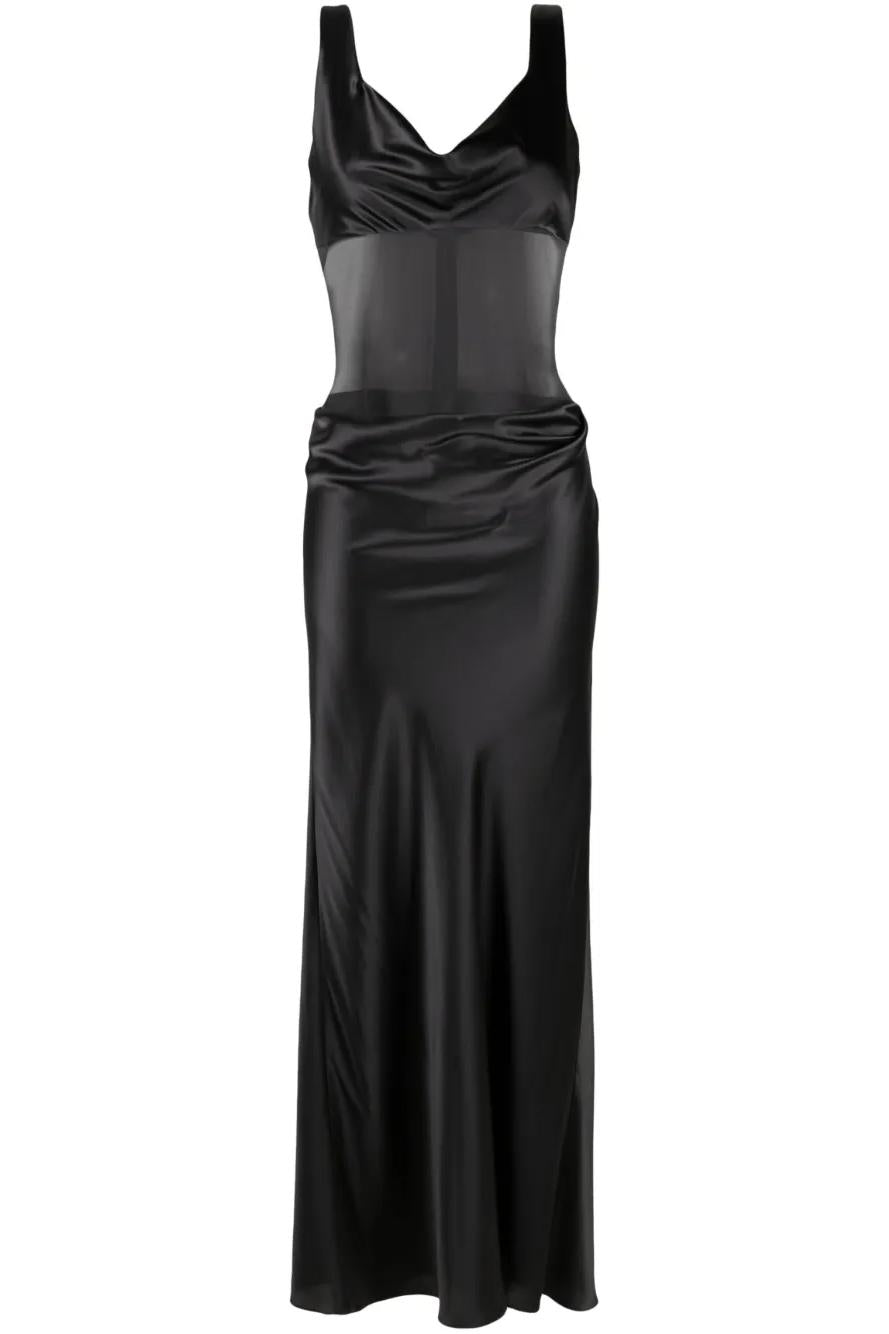 Elegant Sheer Paneled Satin Maxi Dress